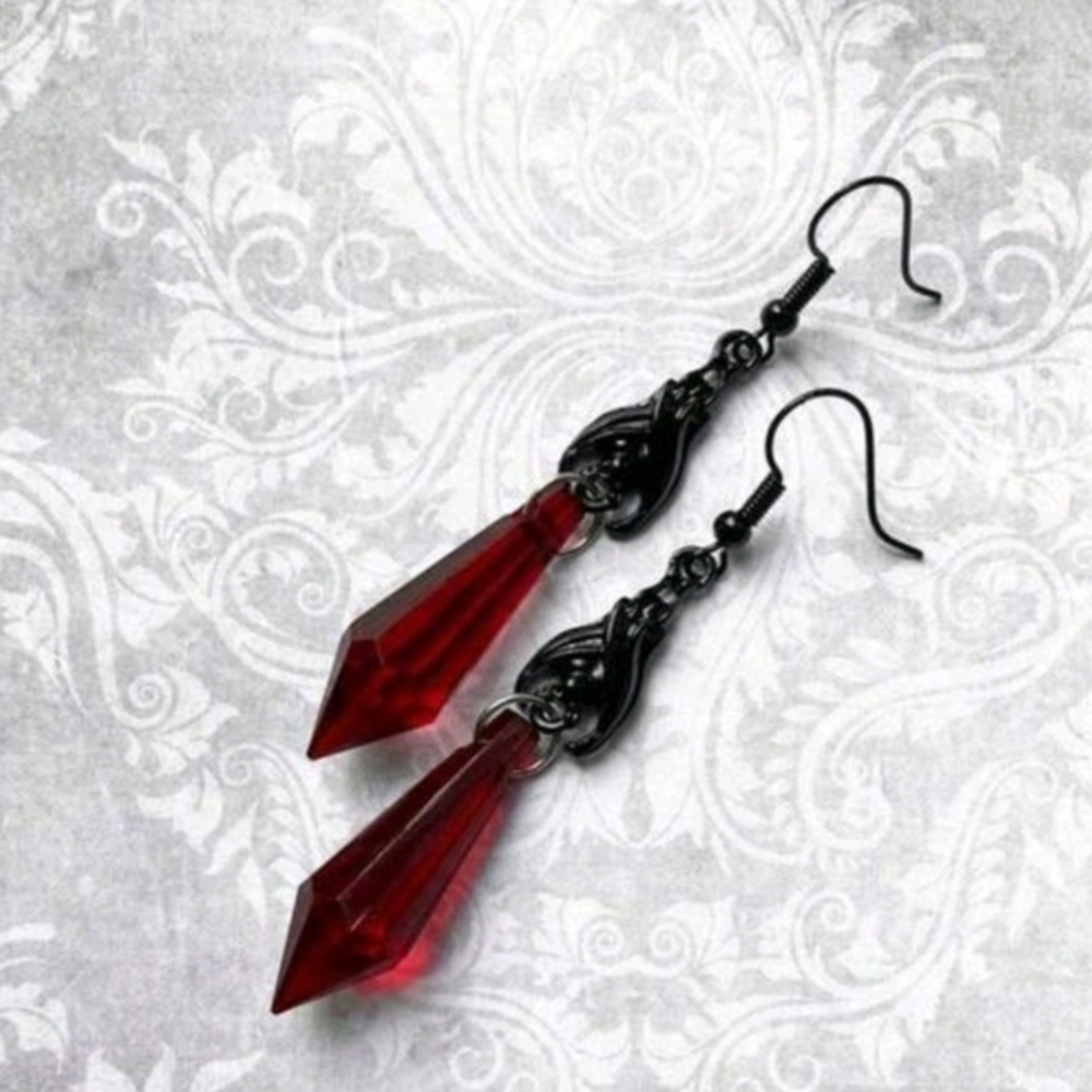 Elegant Red Crystal Goth Bat Dangle Drop Earrings New!